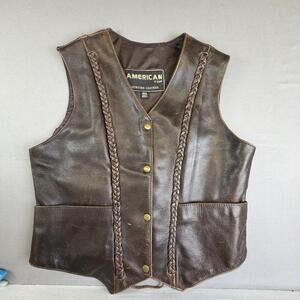 American Top Vest Womens 3XL Brown Leather Braided Biker Snap Front Lace Up Back